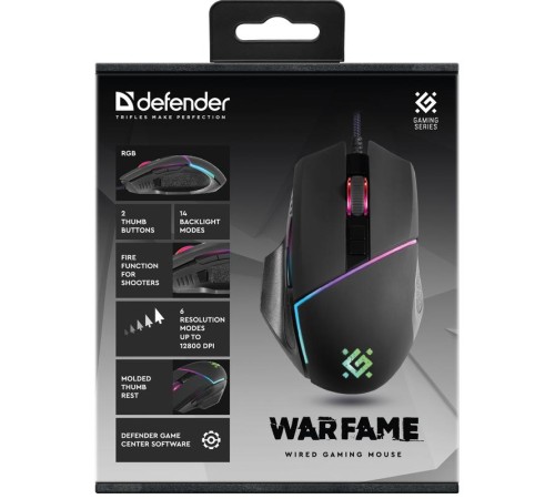 Defender Проводная игровая мышь Warfame GM-880L RGB,8кнопок,12800dpi
