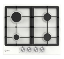 Газовая варочная поверхность Midea/ MDK/Газовая варочная поверхность, ширина 60 см, 4 газовые конфорки, фронтальные поворотные регуляторы, электроподжиг, газ-контроль каждой конфорки, чугунные решетки, материал поверхности - металл, цвет - белый