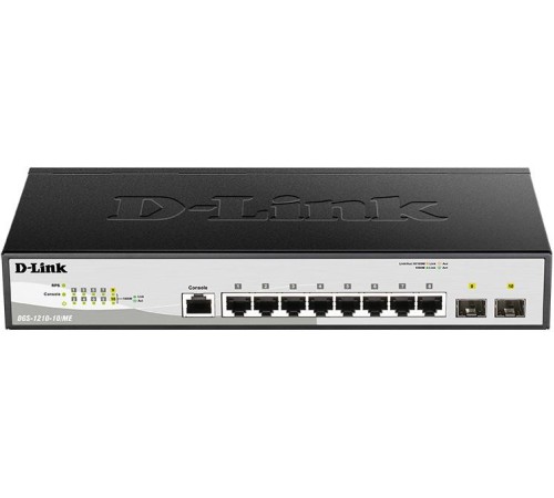 Коммутатор/ DGS-1210-10/ME/B Managed L2 Metro Ethernet Switch 8x1000Base-T, 2x1000Base-X SFP, Surge 6KV, CLI, RJ45 Console, RPS, Dying Gasp