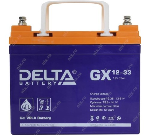 Батарея DELTA серия GX, GX 12-33, напряжение 12В, емкость 33Ач (разряд 20 часов),  макс. ток разряда (5 сек.) 330А, макс. ток заряда 6.5А, свинцово-кислотная типа GEL, клеммы под болт М6, ДxШxВ 195х130х155мм., вес 11кг., срок службы 15 лет./ Battery DELTA