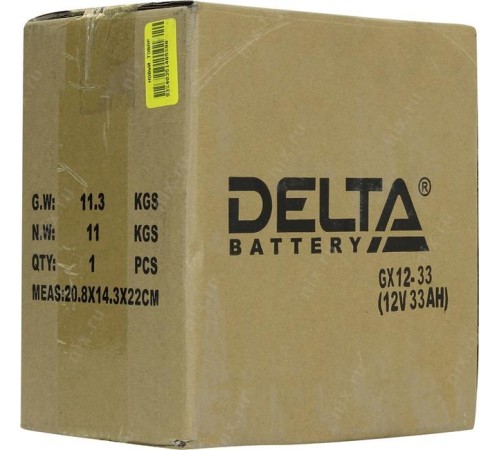 Батарея DELTA серия GX, GX 12-33, напряжение 12В, емкость 33Ач (разряд 20 часов),  макс. ток разряда (5 сек.) 330А, макс. ток заряда 6.5А, свинцово-кислотная типа GEL, клеммы под болт М6, ДxШxВ 195х130х155мм., вес 11кг., срок службы 15 лет./ Battery DELTA