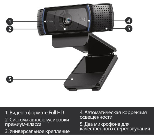 Веб-камера/ Logitech Full HD 1080p Pro Webcam C920, USB 2.0, 1920*1080, 15Mpix foto, Mic, Black Веб-камера/ Logitech Full HD 1080p Pro Webcam C920, USB 2.0, 1920*1080, 15Mpix foto, Mic, Black