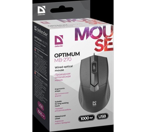 Defender Проводная оптическая мышь Optimum MB-270 PRO:черн,3кн,1200dpi,1.8м,тефл