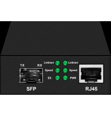 Медиаконвертер Gigabit Ethernet/ Медиаконвертер Gigabit Ethernet, SFP 1000Мбит/c, RJ45 10/100/1000Мбит/c, поддержка LFP. Металлический корпус. БП DC12V(1A) в комплекте. Размеры (ШхВхГ): 70x25x95мм. Вес: 0,2кг. Рабочая температура: -10…+55°С. Совместим с ш