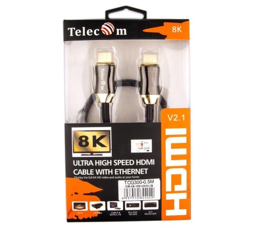 Кабель/ Кабель HDMI 19M/M,ver. 2.1, 8K@60 Hz 0.5m метал разъемы, нейлоновая оплетка Telecom <TCG300-0.5M>
