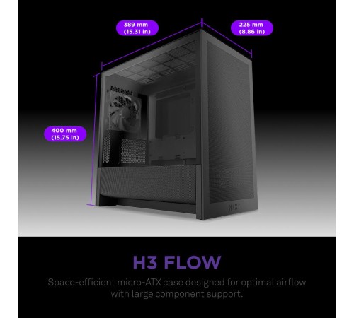 Корпус без блока питания/ Case NZXT H3 Flow (2025), Midi-Tower, TG, 1x120mm, 1xUSB-A 3.2 + 1xUSB-C 3.2, mATX, mITX Black
