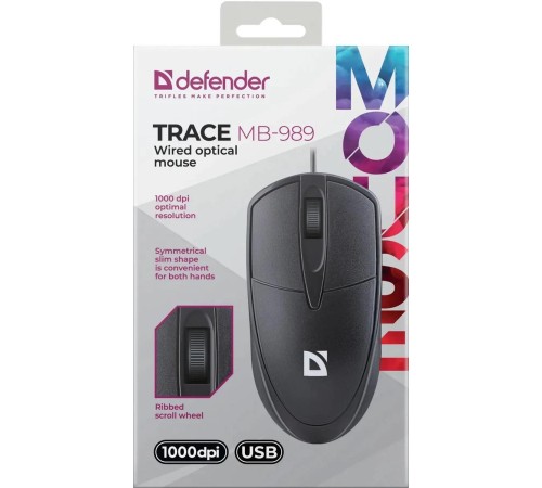 Defender Проводная оптическая мышь Trace MB-989 черн,3D,1,2м,1000dpi