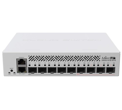 Коммутатор MikroTik Cloud Router Switch CRS310-1G-5S-4S+IN with 800 MHz CPU, 256 MB RAM, 4xSFP+, 5xSFP cages, 1xGBit LAN port, RouterOS L5, desktop case, rackmount ears, PSU