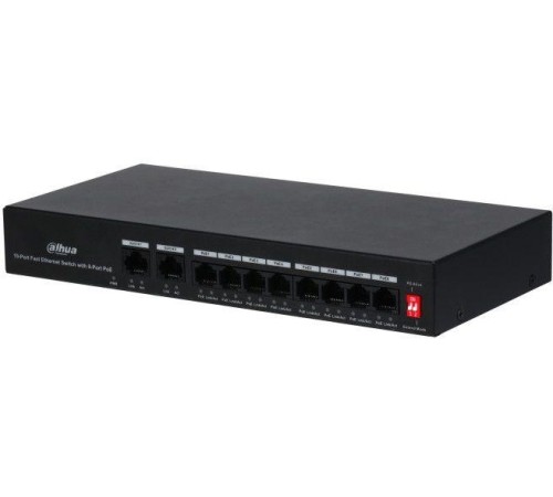 8-портовый неуправляемый коммутатор с РоЕ Порты: 8 RJ45 10/100Мбит/с (PoE/PoE+) 2 RJ45 10/100Мбит/с (uplink); мощность PoE: порты 18 до 30Вт суммарно до 65Вт; питание: 100240В(AC)
