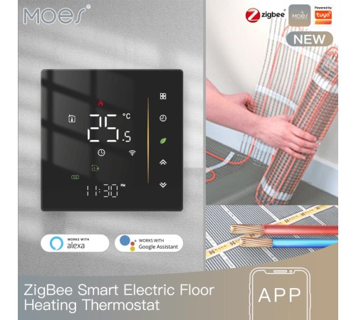 Термостат для электрических теплых полов Moes ZigBee Smart Thermostat черный модели ZHT-006 Термостат для электрических теплых полов Moes ZigBee Smart Thermostat черный модели ZHT-006