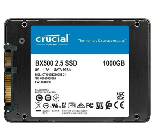 Твердотельный накопитель Crucial SSD Disk BX500 1000GB SATA 2.5” 7mm (540 MB/s Read 500 MB/s Write), 1 Year Warrаnty OEM