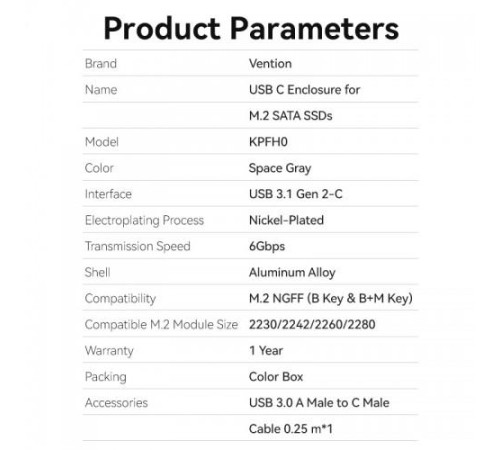 Корпус для SSD Vention USB 3.1 Gen 2-C M.2 NGFF (B-Key/B&M Key) Серый Корпус для SSD Vention USB 3.1 Gen 2-C M.2 NGFF (B-Key/B&M Key) Серый