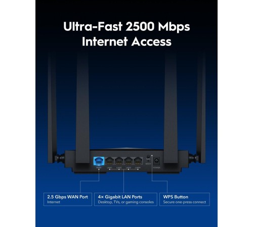Маршрутизатор/ BE3600 2.5G Dual Band Wi-Fi 7 Mesh Router, Chipset Broadcom, 802.11be/ax/ac/a/b/g/n, 2882Mbps at 5GHz + 688Mbps at 2.4GHz, 1 x 2.5Gbps WAN Port, 4 x 10/100/1000Mbps Ports, 4 x 5dBi fixed antennas, WiFi router/AP/ Repeater/WISP Mode, PPTP/L2 Маршрутизатор/ BE3600 2.5G Dual Band Wi-Fi 7 Mesh Router, Chipset Broadcom, 802.11be/ax/ac/a/b/g/n, 2882Mbps at 5GHz + 688Mbps at 2.4GHz, 1 x 2.5Gbps WAN Port, 4 x 10/100/1000Mbps Ports, 4 x 5dBi fixed antennas, WiFi router/AP/ Repeater/WISP Mode, PPTP/L2