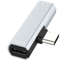 GCR Переходник USB Type C > 3.5mm mini jack + TypeC, серебряный, GCR-UC2AUX