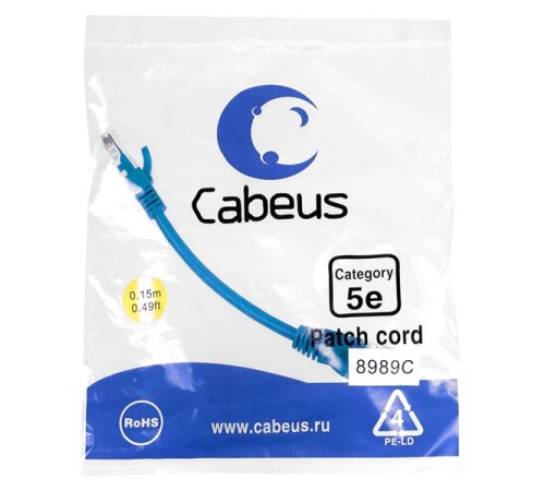 Патч-корд Cabeus PC-UTP-RJ45-Cat.5e-0.15m-BL Патч-корд U/UTP, категория 5е, 2xRJ45/8p8c, неэкранированный, синий, PVC, 0.15м