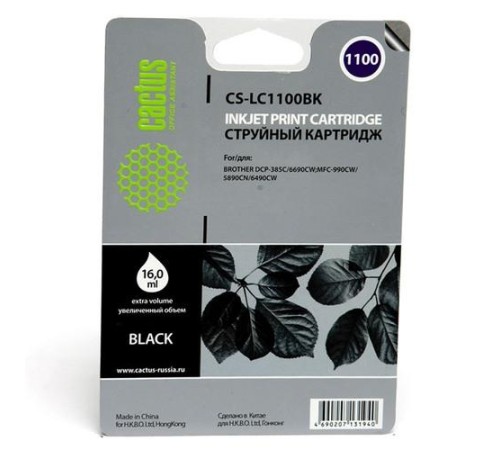 -/ Картридж струйный Cactus CS-LC1100BK черный (16мл) для Brother DCP-385c/6690cw/MFC-990/5890/5895/649