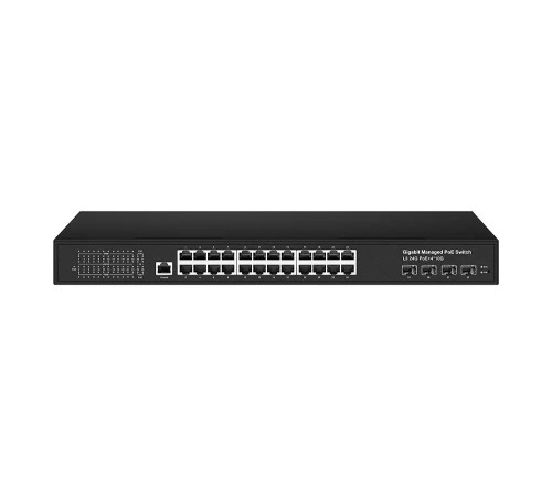 Управляемый L3 PoE коммутатор/ Управляемый L3 PoE коммутатор на 24xGE RJ-45 c PoE + 4х10G SFP+ порта. Порты: 2 x GE (10/100/1000 Base-T) с PoE (до 90W, A+B) + 22 x GE (10/100/1000 Base-T) с поддержкой PoE (IEEE 802.3af/at), 4 x 10G SFP+ Uplink. Консольный Управляемый L3 PoE коммутатор/ Управляемый L3 PoE коммутатор на 24xGE RJ-45 c PoE + 4х10G SFP+ порта. Порты: 2 x GE (10/100/1000 Base-T) с PoE (до 90W, A+B) + 22 x GE (10/100/1000 Base-T) с поддержкой PoE (IEEE 802.3af/at), 4 x 10G SFP+ Uplink. Консольный