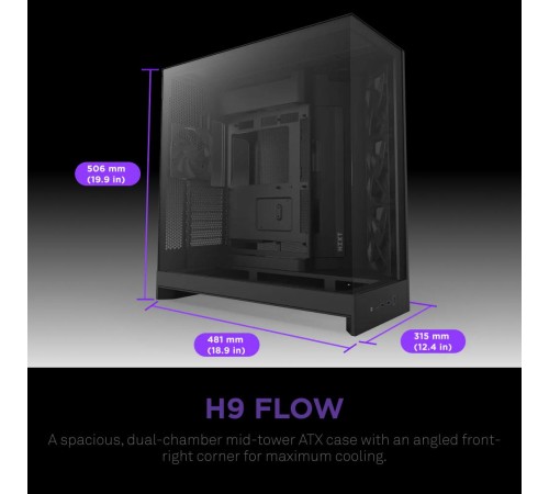 Корпус без блока питания/ Case NZXT H9 Flow (2025), Midi-Tower, TG, 3x140mm + 1x120mm, 2xUSB-A 3.2 + 1xUSB-C 3.2, E-ATX, ATX, mATX, mITX Black