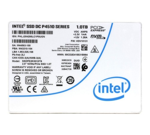 Твердотельный накопитель/ Intel SSD DC P4510 Series, 1.0TB, U.2(2.5" 15mm), NVMe, PCIe 3.1 x4, TLC, R/W 2850/1100MB/s, IOPs 465 000/70 000, TBW 1920, DWPD 1 (12 мес.) Твердотельный накопитель/ Intel SSD DC P4510 Series, 1.0TB, U.2(2.5" 15mm), NVMe, PCIe 3.1 x4, TLC, R/W 2850/1100MB/s, IOPs 465 000/70 000, TBW 1920, DWPD 1 (12 мес.)