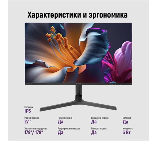 Монитор IRBIS SMARTVIEW 27'' LED Monitor 2560x1440, 16:9, IPS, 300 cd/m2, 1000:1, 3ms, 178°/178°, HDMI, DP, USBх2, USB-C(65W), Audio output, 75Hz Height Tilt Swiv Pivot Speak внешн. Бп Black 3y (China)