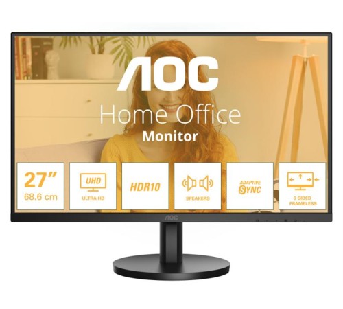 Монитор 27' AOC U27B3A 3840x2160, WLED, 16:9, IPS, 350 cd, 1000:1, 20M:1, 4ms, 178/178, HDMI*2, DP, 60 Hz, Speak, Tilt, HAS, VESA, Внутр, Black, 3y