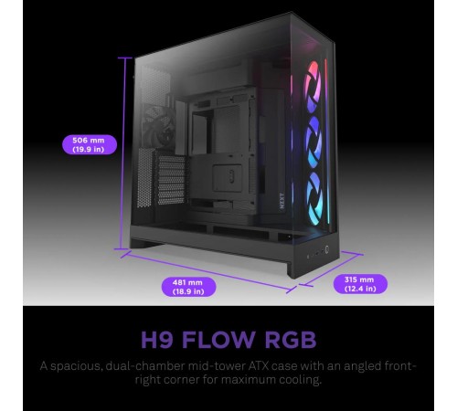 Корпус без блока питания/ Case NZXT H9 Flow RGB (2025), Midi-Tower, TG, 3x140mm RGB + 1x120mm, 2xUSB-A 3.2 + 1xUSB-C 3.2, E-ATX, ATX, mATX, mITX Black
