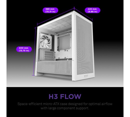 Корпус без блока питания/ Case NZXT H3 Flow (2025), Midi-Tower, TG, 1x120mm, 1xUSB-A 3.2 + 1xUSB-C 3.2, mATX, mITX White