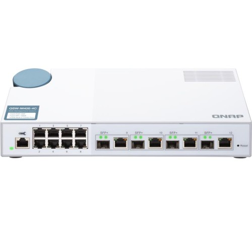 Коммутатор/ QNAP QSW-M408-4C 10 Gbps managed switch with 4 SFP + ports, combined with RJ-45, 8 1 Gbps RJ-45 ports, bandwidth up to 96 Gbps, JumboFrame support.