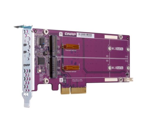Плата расширения/ QNAP QM2-2S-220A Dual M.2 22110/2280 SATA SSD expansion card (PCIe Gen2 x2), Low-profile bracket pre-loaded, Low-profile flat and Full-height are bundled (shorter version to support TVS-x82/TS-x77 PCIe slot 2 & slot 3)