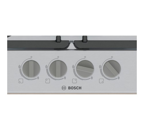 Встраиваемая газовая панель BOSCH Serie 4, газовая варочная панель, 60см, нержавеющая сталь, 4 конфорки,1 WOK-конфорка c 2 контурами пламени, составные чугунные решетки, газ-контроль, автоматический электроподжиг, сделано в Испании