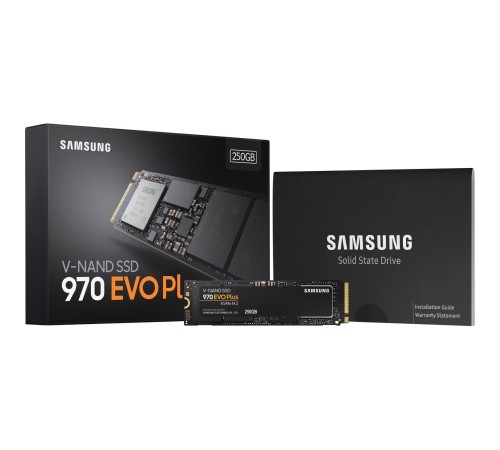 Твердотельные накопители/ Samsung SSD 970 EVO Plus, 250GB, M.2(22x80mm), NVMe 1.3, PCIe 3.0 x4, 3-bit MLC, R/W 3500/2300MB/s, IOPs 250 000/550 000, DRAM buffer 512MB, TBW 150, DWPD 0.33 (12 мес.)