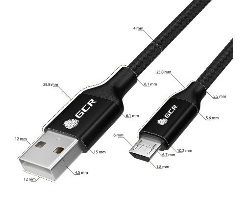 GCR QC Кабель 1.5m MicroUSB, быстрая зарядка, черный нейлон, AL корпус черный, черный ПВХ, 28/24 AWG, GCR-52476