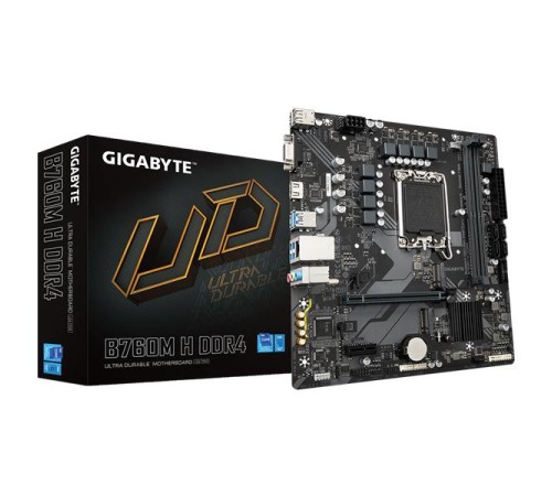 Материнская плата GIGABYTE B760M H DDR4, LGA1700, B760, 2*DDR4, 4*SATA, 2*M.2, 4*USB 3.2, 2*USB 2.0, 1*PCIx16, 2*PCIx1, D-Sub+HDMI, mATX