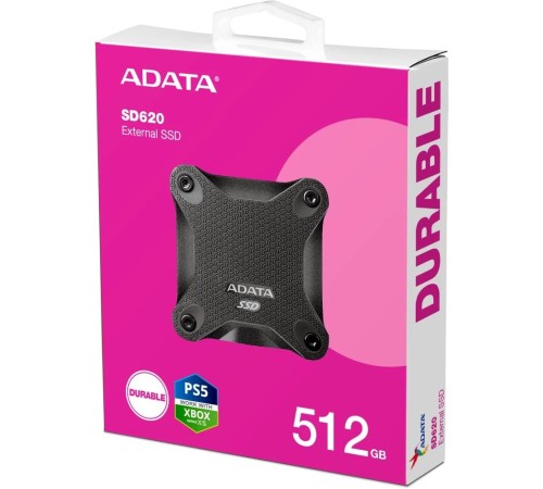 Твердотельный накопитель/ ADATA External SSD SD620, 512GB, Type-C, USB 3.2 Gen2, R/W 550/500 MB/s, 80x80x15mm, Black (5 лет)