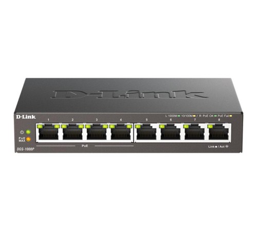 коммутатор D-Link Неуправляемый PoE-коммутатор, 8x1000Base-T (4x1000Base-T PoE), PoE-бюджет 80 Вт, корпус металл