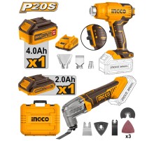 Набор аккумуляторных инструментовт Li-Ion 2шт Ingco COSLI230703 (мультитул INGCO CMLI2022, фен акк. INGCO HGLI20025, 2 акк (FBLI2002 + FBLI20011), ЗУ (FCLI2001), Кейс)