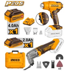 Набор аккумуляторных инструментовт Li-Ion 2шт Ingco COSLI230703 (мультитул INGCO CMLI2022, фен акк. INGCO HGLI20025, 2 акк (FBLI2002 + FBLI20011), ЗУ (FCLI2001), Кейс)
