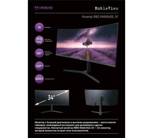 Монитор IRBIS NOBLEVIEW 34'' LED Monitor Curved 3440x1440, 21:9, VA, 400 cd/m2, 4000:1, 3ms, HDMI, DP USB-C(65W) USB-Ax2 USB-B Audio output 165Hz Tilt Height Swivel внешн. Бп VESA Black 3y (следы намокания.)