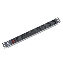  Cabeus PDU-8P Блок евророзеток для 19" шкафов, горизонтальный, 8 розеток, 10 A, выключатель, гнездо под шнур, алюминиевый корпус
