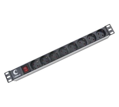 Cabeus PDU-8P Блок евророзеток для 19" шкафов, горизонтальный, 8 розеток, 10 A, выключатель, гнездо под шнур, алюминиевый корпус Cabeus PDU-8P Блок евророзеток для 19" шкафов, горизонтальный, 8 розеток, 10 A, выключатель, гнездо под шнур, алюминиевый корпус