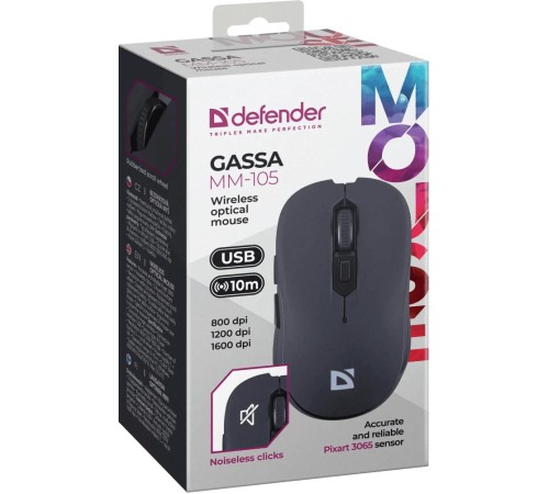 Беспроводная оптическая мышь Defender 52105 Gassa MM-105 черный,6D,800-1600dpi,бесшумн Беспроводная оптическая мышь Defender 52105 Gassa MM-105 черный,6D,800-1600dpi,бесшумн