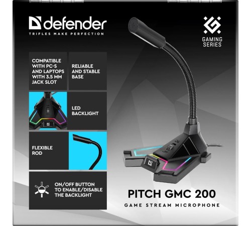 Defender Игровой стрим микрофон Pitch GMC 200 3,5 мм, LED, провод 1.5 м