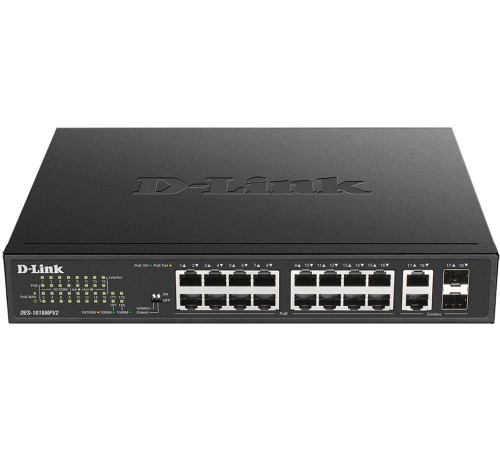 Коммутатор/ DES-1018MPV2,DES-1018MPV2/A1A Unmanaged Switch 16x100Base-TX PoE, 2xCombo 1000Base-T/SFP, PoE Budget 247W, Long-range PoE up to 250m, metal case