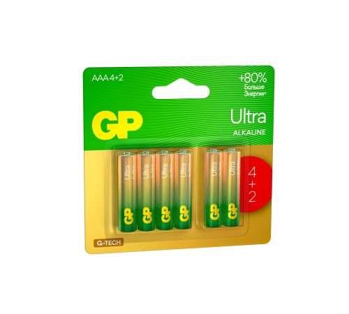 Батарейка Алкалиновые батарейки GP Ultra Alkaline G-Tech 24А AАA - 4+2 шт. на промо-блистере