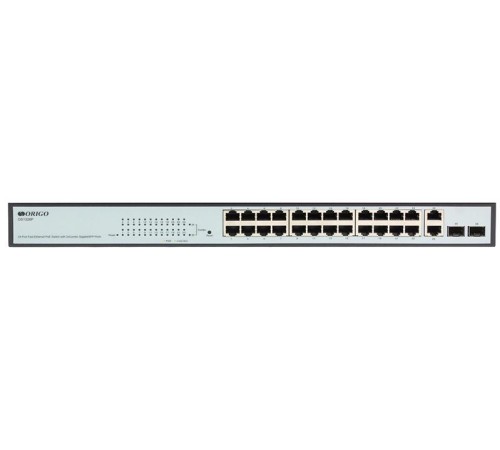 Коммутатор ORIGO Настраиваемый L2 PoE-коммутатор, 24x100Base-TX PoE, 2xCombo 1000Base-T/SFP, PoE-бюджет 280 Вт, комплект для установки в 19" стойку