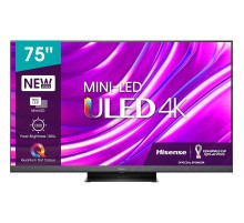 Телевизор Mini LED 75'' Hisense/ 75", Ultra HD, Mini LED, 120Гц, Smart TV (ОС VIDAA U6), Wi-Fi, PCI 3000, DVB-T2/T/C/S2/S, HDR 10+, Dolby Vision, Dolby Atmos, Bluetooth, 4*10W+20W+2*5W, CI+(1.4), 4хHDMI, 2хUSB, Works with Alexa, Alexa Built-in, GA, V