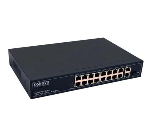 PoE Коммутатор OSNOVO SW-61621(300W) PoE коммутатор Fast Ethernet на 16 x RJ45 PoE + 2 x RJ45 GE + 1 SFP GE порта. Порты: 2 x FE (10/100Base-T) с PoE (до 60W, A+B) + 14x FE (10/100Base-T) с PoE (до 30W) , 2 x GE Upl PoE Коммутатор OSNOVO SW-61621(300W) PoE коммутатор Fast Ethernet на 16 x RJ45 PoE + 2 x RJ45 GE + 1 SFP GE порта. Порты: 2 x FE (10/100Base-T) с PoE (до 60W, A+B) + 14x FE (10/100Base-T) с PoE (до 30W) , 2 x GE Upl