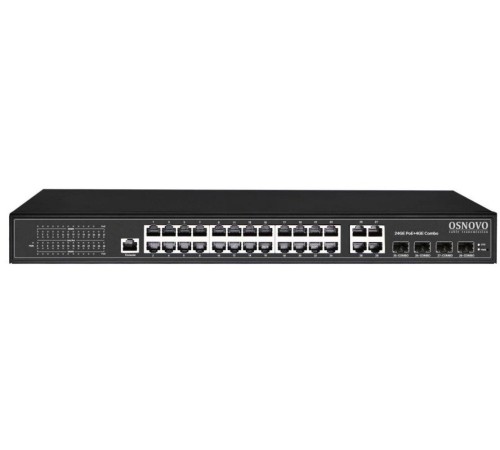 Коммутатор/ OSNOVO Управляемый L2 PoE коммутатор Gigabit Ethernet на 24 RJ45 PoE + 4 x GE Combo Uplink, до 30W на порт, суммарно до 400W