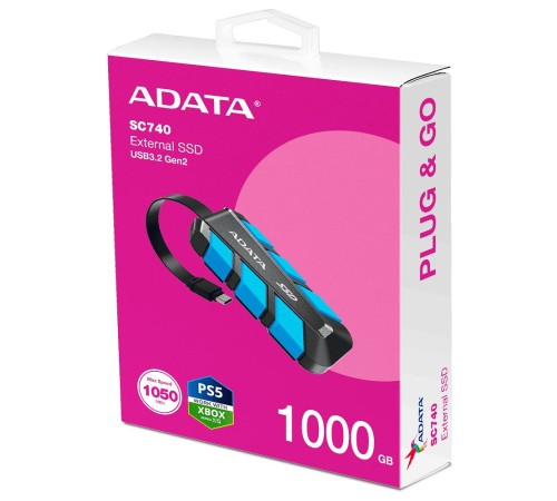 Твердотельный накопитель/ ADATA External SSD SC740, 1000GB, Type-C, USB 3.2 Gen2, R/W 1050/1000 MB/s, 121.8x40.5x22.3mm, Blue (5 лет)