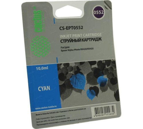 -/ Картридж струйный Cactus CS-EPT0552 T0552 голубой (10мл) для Epson Stylus RX520/Stylus Photo R240